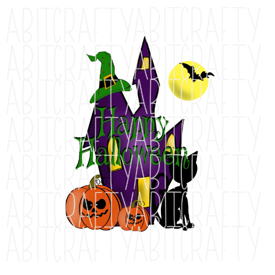 Haunted House/Halloween/Black Cat/Witch Hat/PNG/Sublimation/Digital Download - hand drawn
