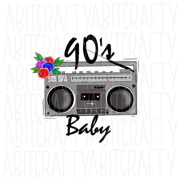 90's Baby/1990s/ Vintage Boombox PNG, sublimation, digital download - hand drawn