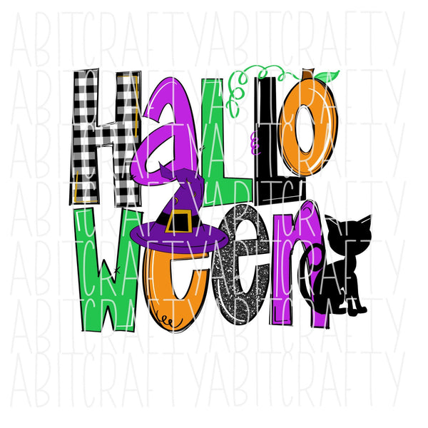 Halloween/Black Cat/Witch Hat/PNG/Sublimation/Digital Download - hand drawn