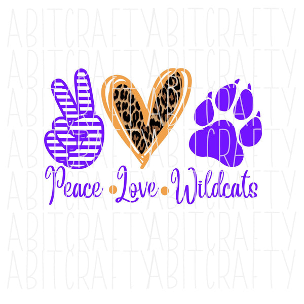 Peace, Love, Wildcats Purple png/svg/Mascot/digital download/sublimation
