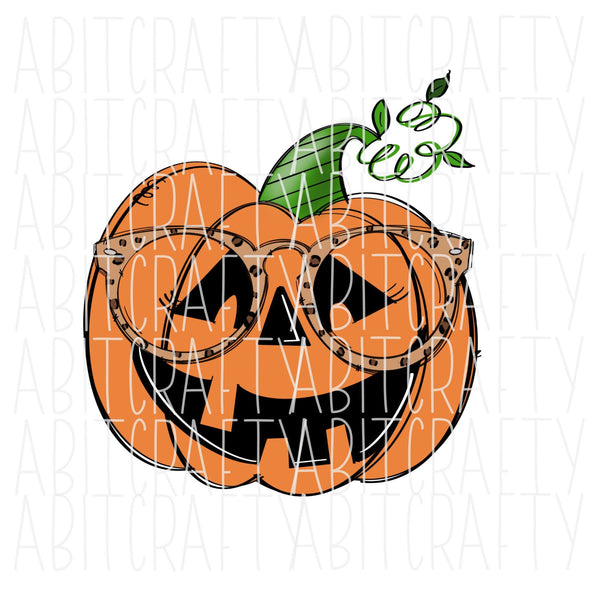 Girl Pumpkin with Leopard Glasses/Cute Pumpkin/Jack-O-Lantern PNG/Sublimation/Digital Download - hand drawn