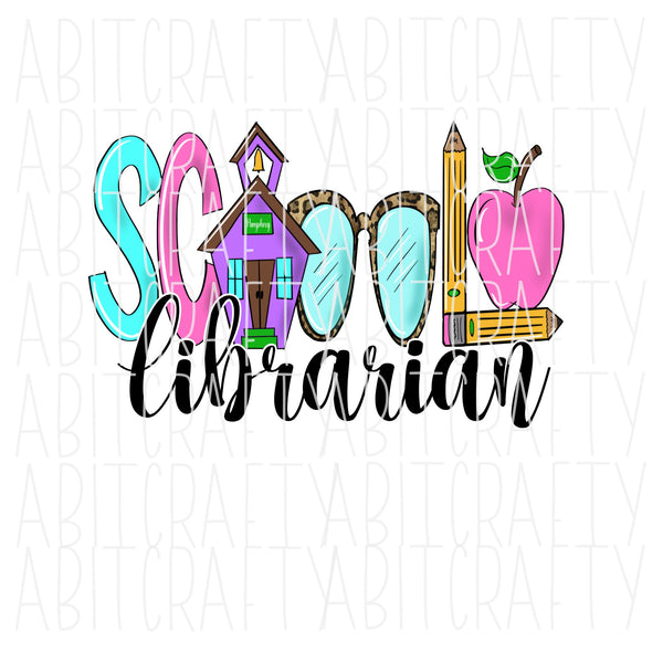 School Librarian/Books/Glasses/Nerd png, jpeg, sublimation, digital download- hand drawn, DTG, Print then Cut